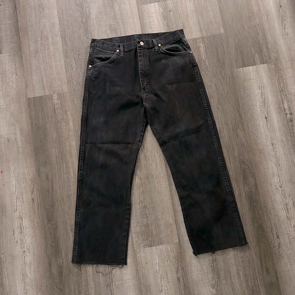 wrangler black denim raw hem straight jeans